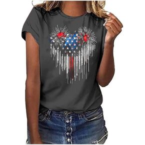 Womens 4th of July USA Shirts Flag Heart American Pride Red White Blue Stars Stripes Tees Short Sleeve Tshirt Tees