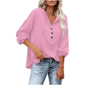 Womens Hooded Button Collar Drawstring Hoodies Pullover Sweatshirts Casual Long Sleeve Solid Color Fall Top Shirts