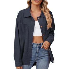 Womens Corduroy Button Down Blouses Cotton Solid Color Oversized Shirts Comfy Cute Long Sleeve Jackets with Pockets