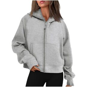 Cropped Zip Up Hoodies For Women Fleece Full Zip Solid Color Sweatshirts For Women Loose Fit Hoodies With Pockets
