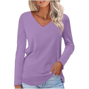 Women's Long Sleeve Polo Shirts Casual Solid Color V Neck Sexy Tops Fall Ladies Tunics Tees Soft Comfy Pullover Top