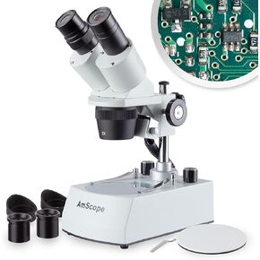 AMSCOPE SE306R-PX-مجهر مجهر مثبت على الأمام ، WF5X و WF10X EYEPIECS ، تضخم 10x/20x/40x ، 2x و 4x ، إضاءة LED العلوية والسفلية ، لوحة مرحلة أسود/أبيض عكسي ، حامل عمود ، 120 فولت أو بطارية محددة للبطارية