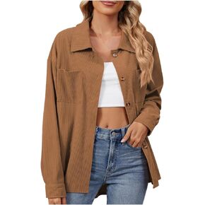 Womens Corduroy Jacket Button Down tops Casual Shacket Long Sleeve Coats Loose Trendy Drop Shoulder Shirts Jacket