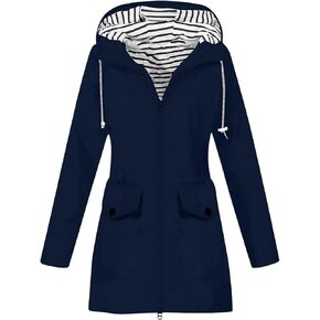Waterproof Rain Jacket Women Lightweight Rain Coat Long Outdoor Windbreaker Striped Lined Hooded Trench Coats 2024
