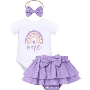 IDOPIP Baby Girls 1st Birthday Outfit Rainbow Photoshoot Romper Tutu Skirt Headband Toddler One Year Old Baptism Clothes
