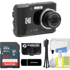 Kodak Pixpro FZ45 16MP الكاميرا الرقمية 4x ZOOM البصرية 27 مم زاوية واسعة 1080p الفيديو الكامل HD 2.7 "كاميرا LCD (أسود) + 64 جيجابايت وقارئ + محفظة الذاكرة + ترايبود + حزمة التنظيف