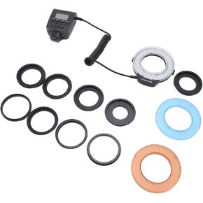 LED Macro Flash Light with LCD Display Power Control Adapter Rings Flash Diffuser, Suitable for DSLR Cameras