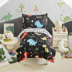 Dinosaur Toddler Bedding Set for Boys Girls Navy 4 Pieces Toddler Bed Set - Ultra Soft Cartoon Cute Orange Dinos - Comforter Set Fitted Sheet Flat Sheet Pillowcase UOZZIBEDDING SYUTBS-21-T02