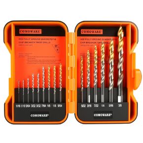 COMOWARE 29Pcs Stepped Point Drill Bit Set, No Pilot Hole Needed, M2 High Speed Steel (HSS) Metal Cutting Drill Bits, 1/16"-1/2", Titanium Coating, for Hardened Stainless Steel, Wood Plastic Acrylic