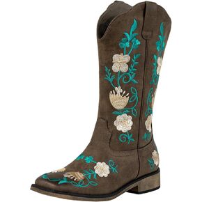 J's.o.l.e Women's Cowgirl Cowboy Boots with Floral Embroidery Western Square Toe Mid Calf Pull-On Brown Country Boots