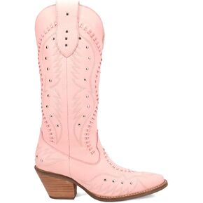 Dingo Womens Pretty N' Pink Embroidered Studded Snip Toe Pull On Casual Boots Mid Calf Mid Heel 2-3" - Pink