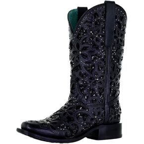 CORRAL LADIE'S BLACK INLAY & EMBROIDERY & STUDS SQ. TOE, LEATHER SOLE, WESTERN A4128