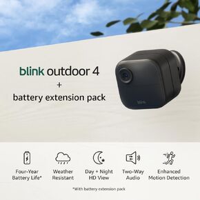 Blink Outdoor 4 + Battery Extension Pack — Four-year battery wireless smart security camera, HD live view, enhanced motion detection — 5 camera system + Battery Extension Pack