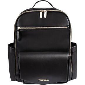 TWELVElittle Peek A Boo Backpack Diaper bag with Stroller Clips, Wipes Pouch and Changing Pad, in Vegan Leather (Black, One Size)