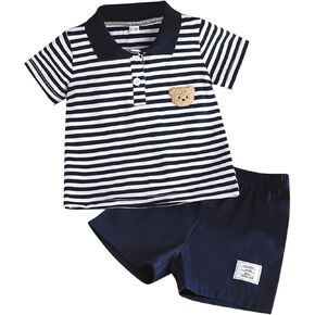 Baby Boy Shorts Set Summer Clothes Toddler Bear Embroidery Striped Short Sleeve Lapel T-shirt Shorts Outfit