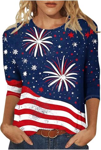 Patriotic 3/4 Sleeve Tops for Women USA Flag 4Th July American Red White Blue Star Stripes 4 Day T-Shirt Plus Size in Saudi Arabia