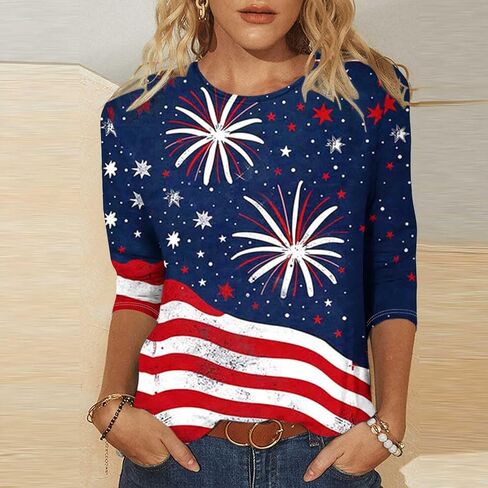 Patriotic 3/4 Sleeve Tops for Women USA Flag 4Th July American Red White Blue Star Stripes 4 Day T-Shirt Plus Size in Saudi Arabia