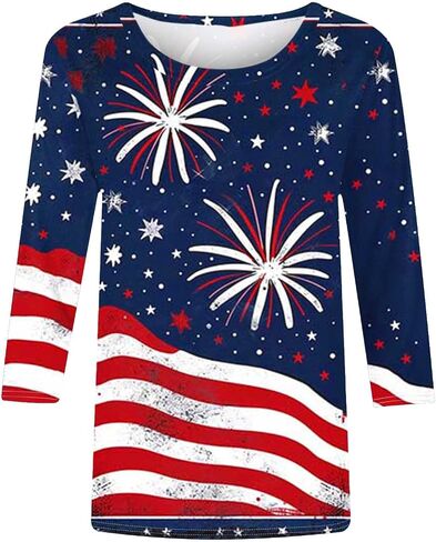 Patriotic 3/4 Sleeve Tops for Women USA Flag 4Th July American Red White Blue Star Stripes 4 Day T-Shirt Plus Size in Saudi Arabia