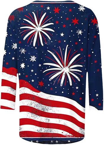 Patriotic 3/4 Sleeve Tops for Women USA Flag 4Th July American Red White Blue Star Stripes 4 Day T-Shirt Plus Size in Saudi Arabia
