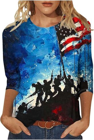 Patriotic 3/4 Sleeve Tops for Women USA Flag 4Th July American Red White Blue Star Stripes 4 Day T-Shirt Plus Size in Kuwait
