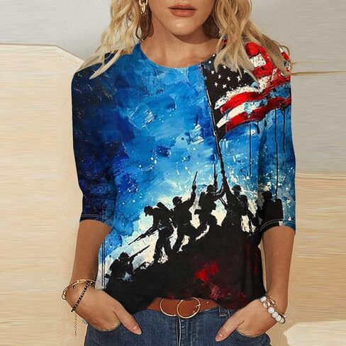 Patriotic 3/4 Sleeve Tops for Women USA Flag 4Th July American Red White Blue Star Stripes 4 Day T-Shirt Plus Size in Kuwait