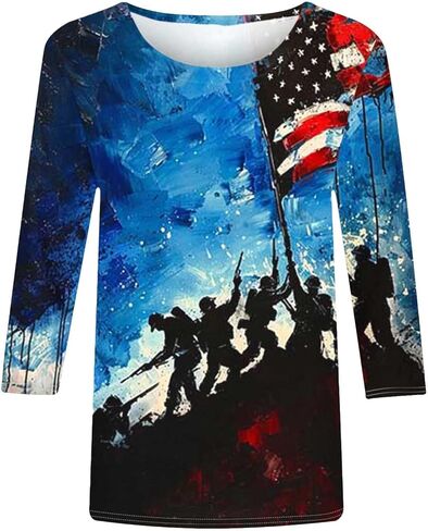 Patriotic 3/4 Sleeve Tops for Women USA Flag 4Th July American Red White Blue Star Stripes 4 Day T-Shirt Plus Size in Kuwait