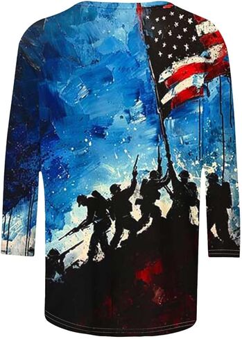 Patriotic 3/4 Sleeve Tops for Women USA Flag 4Th July American Red White Blue Star Stripes 4 Day T-Shirt Plus Size in Kuwait