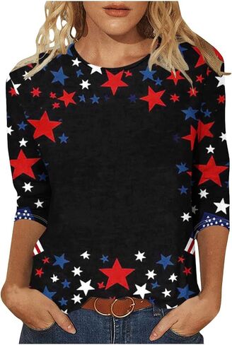 Patriotic 3/4 Sleeve Tops for Women USA Flag 4Th July American Red White Blue Star Stripes 4 Day T-Shirt Plus Size in Saudi Arabia