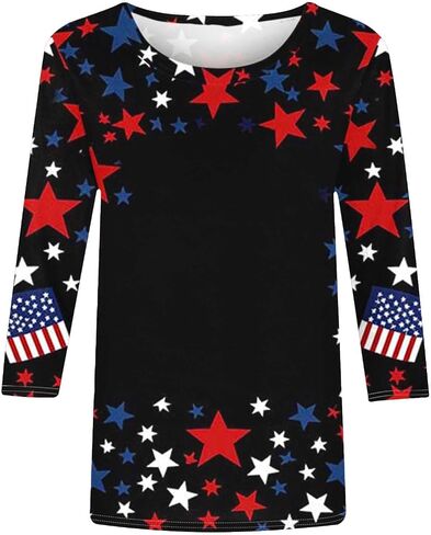 Patriotic 3/4 Sleeve Tops for Women USA Flag 4Th July American Red White Blue Star Stripes 4 Day T-Shirt Plus Size in Saudi Arabia