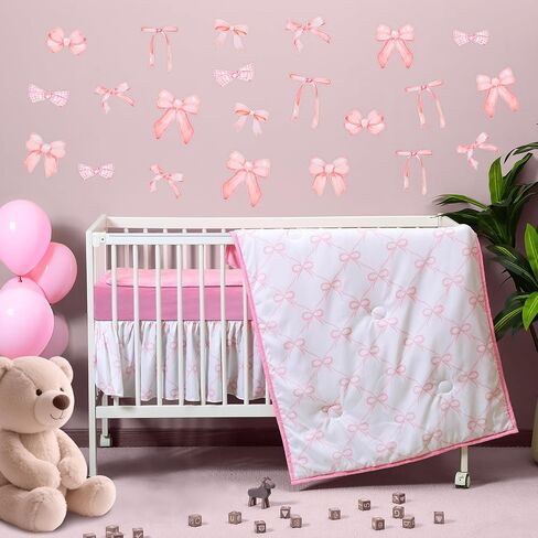 5 Pcs Pink Bow Theme Crib Bedding Set Include Bow Knot Print Crib Sheets Bed Skirt Comforter Pad Cover Wall Stickers for Girls Princess Nursery Room Decoration in Saudi Arabia