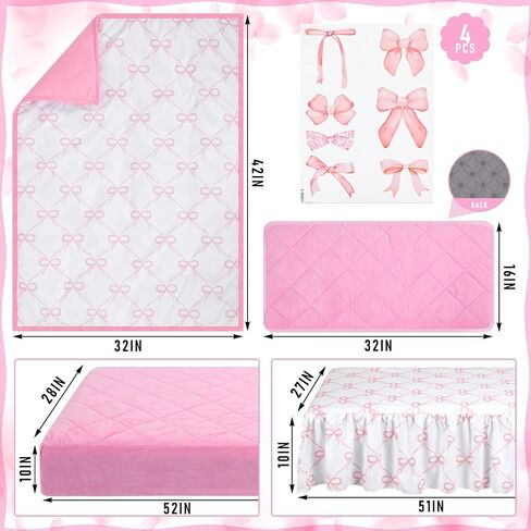 5 Pcs Pink Bow Theme Crib Bedding Set Include Bow Knot Print Crib Sheets Bed Skirt Comforter Pad Cover Wall Stickers for Girls Princess Nursery Room Decoration in Saudi Arabia