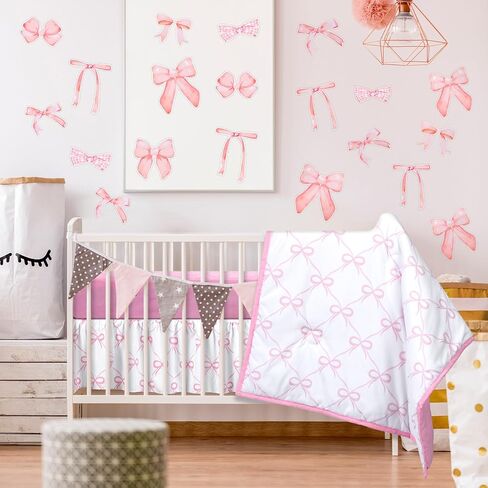 5 Pcs Pink Bow Theme Crib Bedding Set Include Bow Knot Print Crib Sheets Bed Skirt Comforter Pad Cover Wall Stickers for Girls Princess Nursery Room Decoration in Saudi Arabia