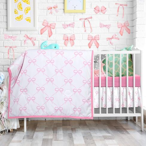 5 Pcs Pink Bow Theme Crib Bedding Set Include Bow Knot Print Crib Sheets Bed Skirt Comforter Pad Cover Wall Stickers for Girls Princess Nursery Room Decoration in Saudi Arabia
