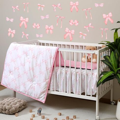 5 Pcs Pink Bow Theme Crib Bedding Set Include Bow Knot Print Crib Sheets Bed Skirt Comforter Pad Cover Wall Stickers for Girls Princess Nursery Room Decoration in Saudi Arabia