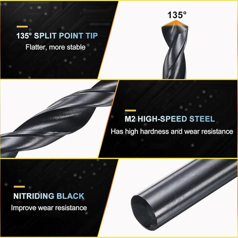 Patikil 1/4 بوصة الحفر ، Jobber Straight Shank M2 الصلب عالي السرعة 135 درجة أسود نيترينغ للمعادن الصلبة الفولاذ المقاوم للصدأ - 12 حزمة in Kuwait