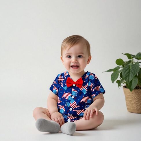 طفل رضيع 4 يوليو الزي العلم الأمريكي/المصاصة/الصبار قميص قميص بودز بستر بتر زر قصير من رومبير in Kuwait