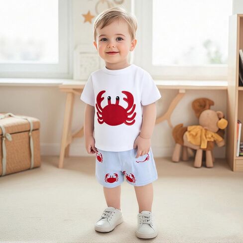 Toddler Little Boy Shorts Set Seafood Embroidered Short Sleeve T-shirts Plaid Elastic Waist Shorts Summer Clothes in Kuwait
