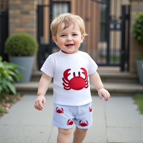 Toddler Little Boy Shorts Set Seafood Embroidered Short Sleeve T-shirts Plaid Elastic Waist Shorts Summer Clothes in Kuwait