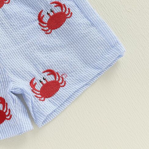Toddler Little Boy Shorts Set Seafood Embroidered Short Sleeve T-shirts Plaid Elastic Waist Shorts Summer Clothes in Kuwait
