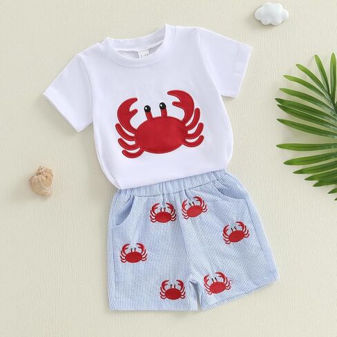 Toddler Little Boy Shorts Set Seafood Embroidered Short Sleeve T-shirts Plaid Elastic Waist Shorts Summer Clothes in Kuwait