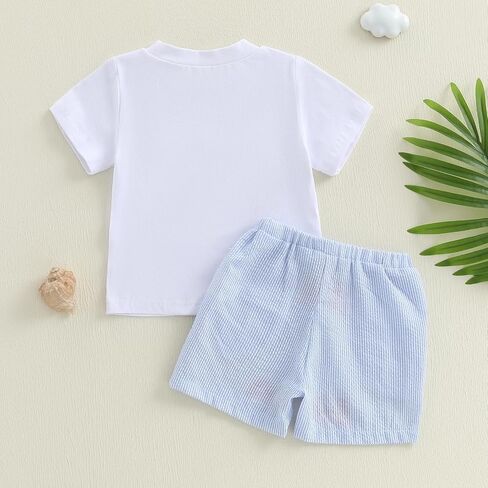 Toddler Little Boy Shorts Set Seafood Embroidered Short Sleeve T-shirts Plaid Elastic Waist Shorts Summer Clothes in Kuwait