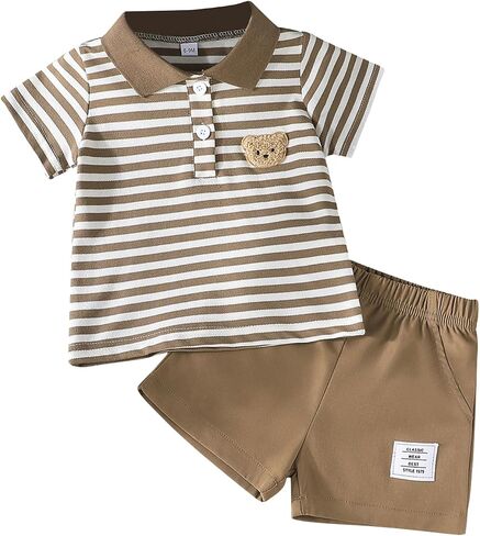 Baby Boy Shorts Set Summer Clothes Toddler Bear Embroidery Striped Short Sleeve Lapel T-shirt Shorts Outfit in Saudi Arabia