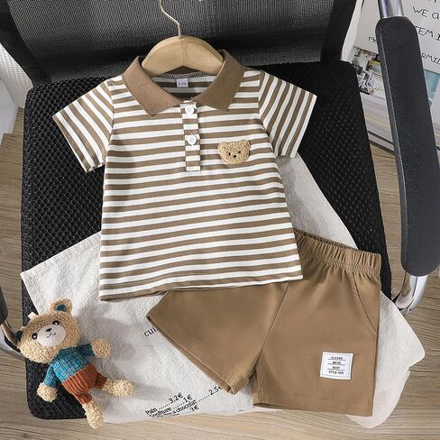 Baby Boy Shorts Set Summer Clothes Toddler Bear Embroidery Striped Short Sleeve Lapel T-shirt Shorts Outfit in Saudi Arabia