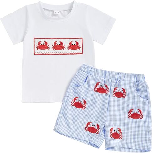Toddler Little Boy Shorts Set Seafood Embroidered Short Sleeve T-shirts Plaid Elastic Waist Shorts Summer Clothes in Kuwait