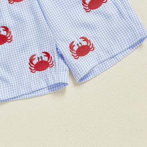 Toddler Little Boy Shorts Set Seafood Embroidered Short Sleeve T-shirts Plaid Elastic Waist Shorts Summer Clothes in Kuwait