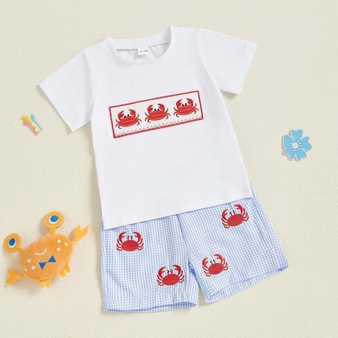 Toddler Little Boy Shorts Set Seafood Embroidered Short Sleeve T-shirts Plaid Elastic Waist Shorts Summer Clothes in Kuwait