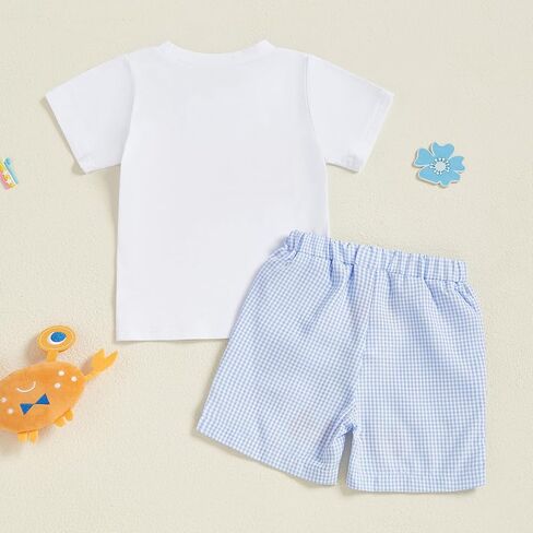 Toddler Little Boy Shorts Set Seafood Embroidered Short Sleeve T-shirts Plaid Elastic Waist Shorts Summer Clothes in Kuwait