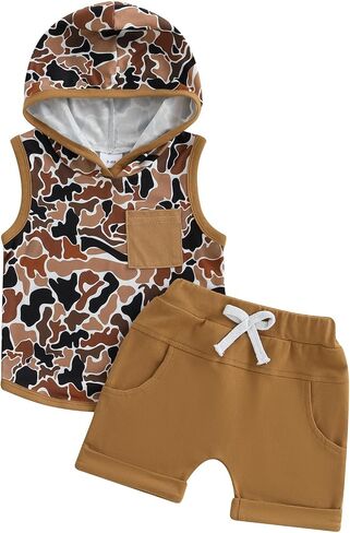 Baby Boy Clothes Camo Print Hooded Sleeveless Top and Drawstring Shorts Set 2Pcs Infant Toddler Summer Outfit in Saudi Arabia