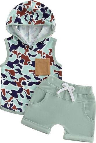 Baby Boy Clothes Camo Print Hooded Sleeveless Top and Drawstring Shorts Set 2Pcs Infant Toddler Summer Outfit in Saudi Arabia