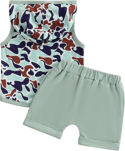 Baby Boy Clothes Camo Print Hooded Sleeveless Top and Drawstring Shorts Set 2Pcs Infant Toddler Summer Outfit in Saudi Arabia